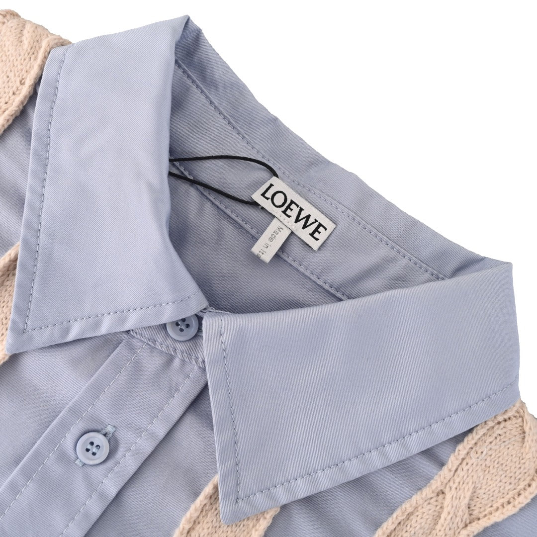 Loewe Anagram Cable Knit Panel Shirt in "Light Blue & Beige"