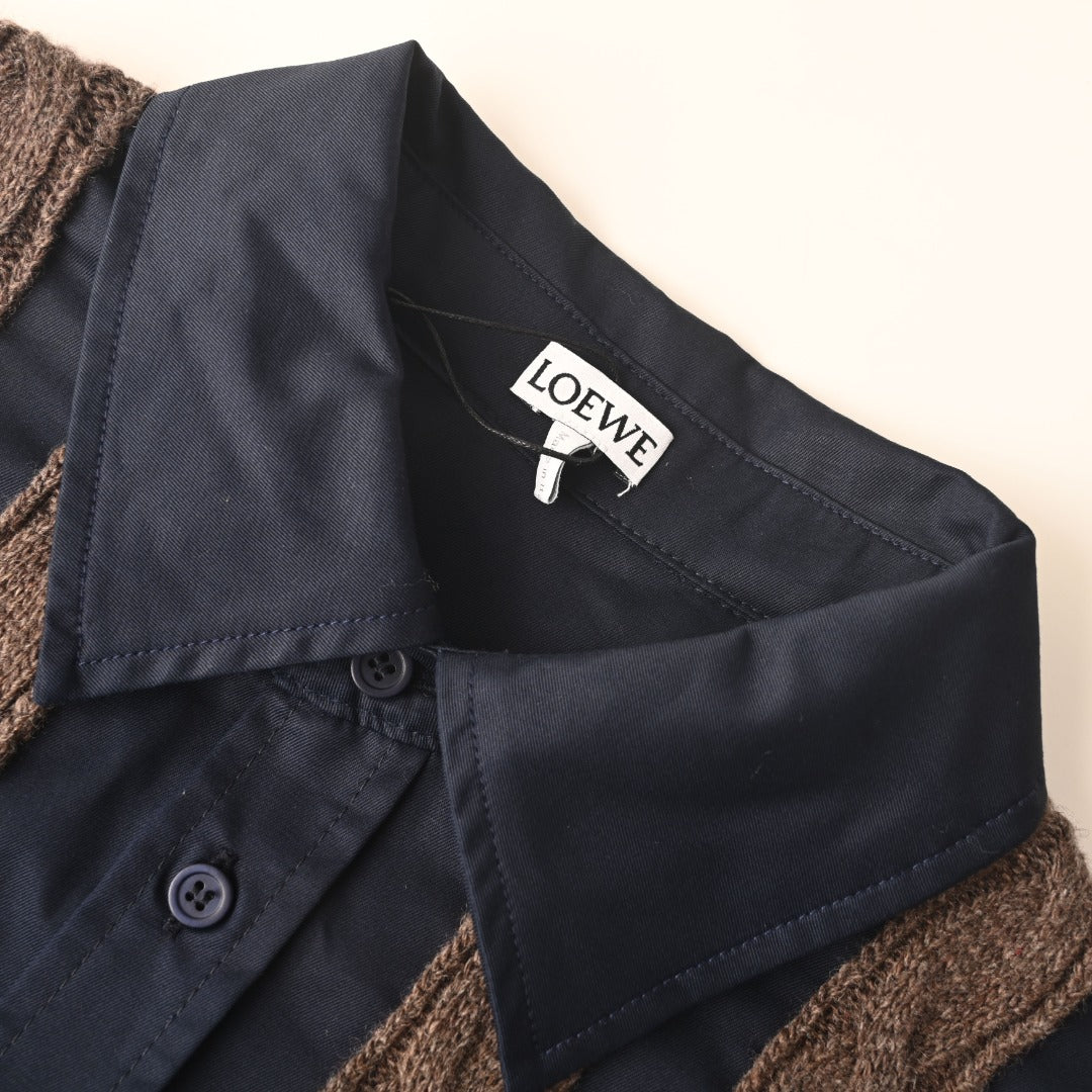 Loewe Anagram Cable Knit Panel Shirt in "Navy & Brown"