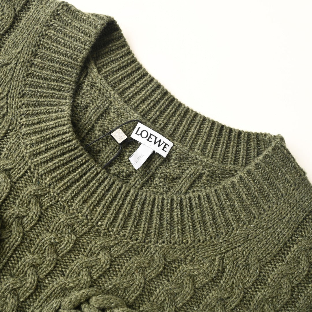 Loewe Anagram Cable Knit Sweater in "Olive Green"