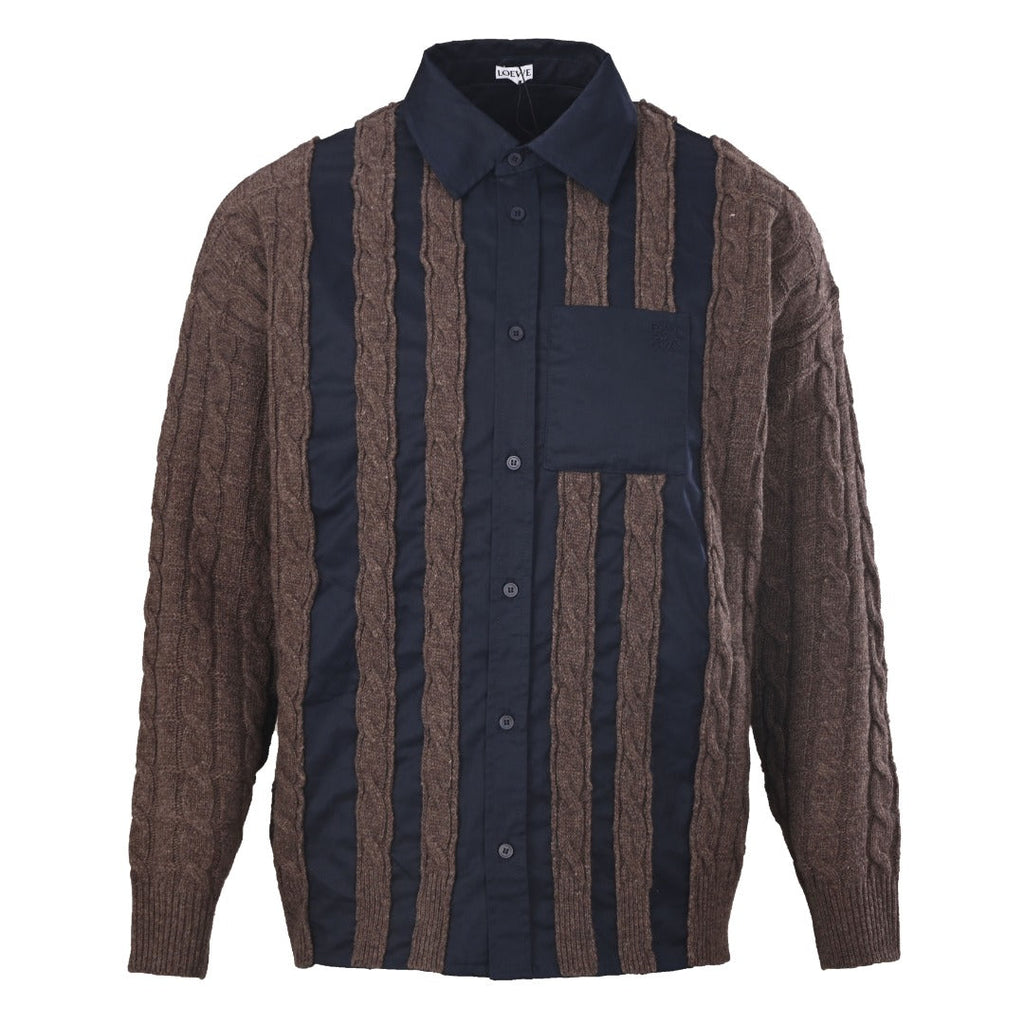 Loewe Anagram Cable Knit Panel Shirt in "Navy & Brown"
